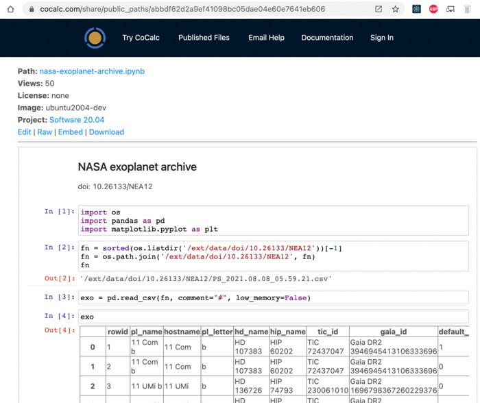 Jupyter notebook hosted on the CoCalc share server