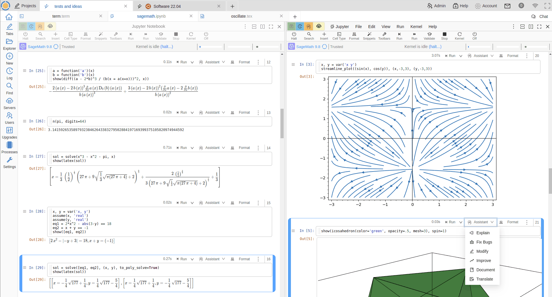 Zrzut ekranu CoCalc uruchamiającego notatnik Jupyter SageMath